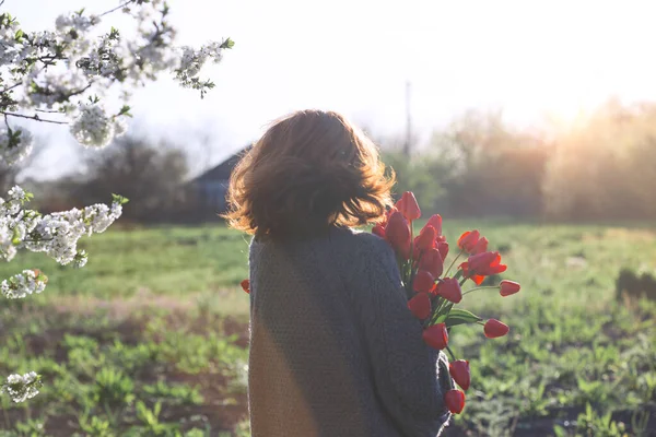 Girl Huge Bouquet Red Tulip — Stock Photo, Image