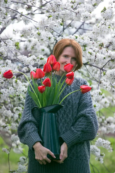 Girl Huge Bouquet Red Tulip — Stock Photo, Image