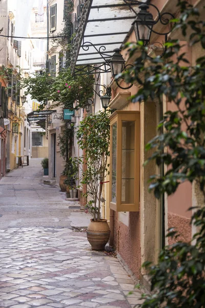 Kerkyra Corfu Grecia Julio 2021 Pequeñas Calles Estrechas Del Centro — Foto de Stock