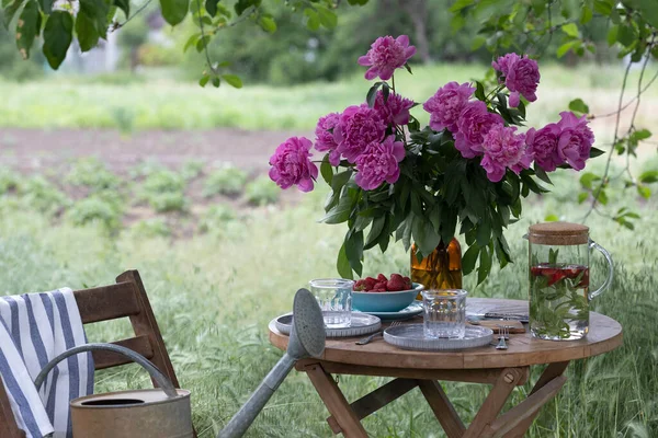 garden and tea party at the country style. still life - cups, dishes and a vase with pink peonie