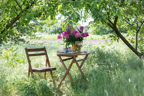 Garden Tea Party Country Style Still Life Cups Dishes Vase — Zdjęcie stockowe