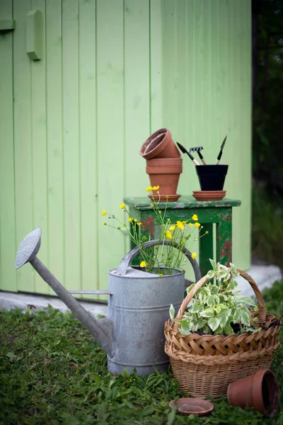 Flowers Clay Pots Tools Basket Planting Plants Garde — Foto de Stock