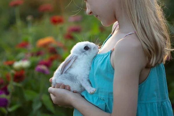 Hermosa Niña Sosteniendo Las Manos Conejo Blanco Garde —  Fotos de Stock