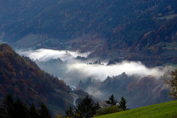 Прекрасный Вид Долину Туманом Осенний Пейзаж Австрийской Горе — стоковое фото