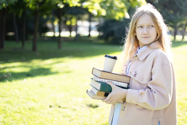 Beautiful Fun Schoolgirl Backpack Books Coffee Outdoo — Stock Photo, Image