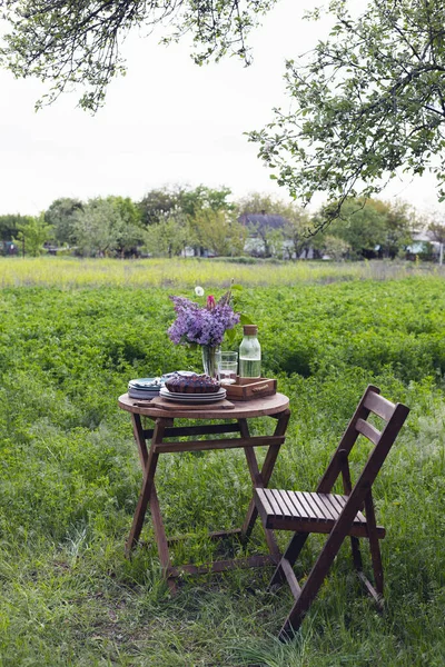 garden and still life. tea party in the garden -  pie, vase with bouquet of lilac on a tabl