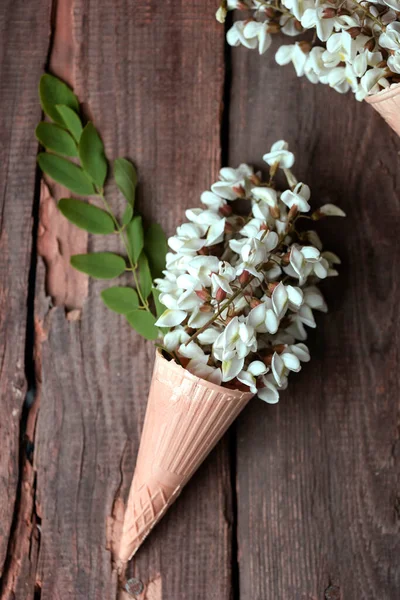 Still Life Ice Cream Cones Acacia Flower — Photo