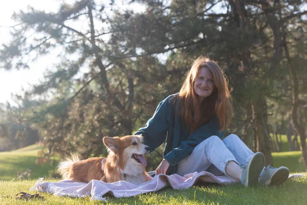 Beautiful Corgi Dog Girl Lawn Par — Φωτογραφία Αρχείου