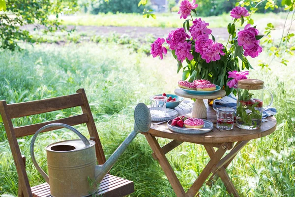 Garden Tea Party Country Style Still Life Donuts Dishes Vase — стоковое фото