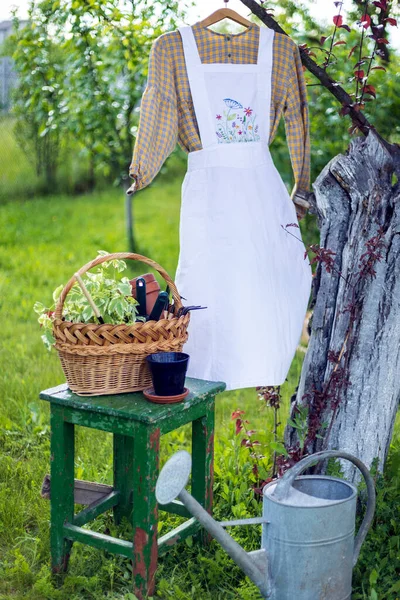 garden and flower transplant. apron with embroidery on the background of the garde