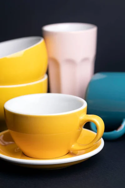 Bright Ceramics Bowl Cups Yellow Blue Pink Colors Black Backgroun — Photo