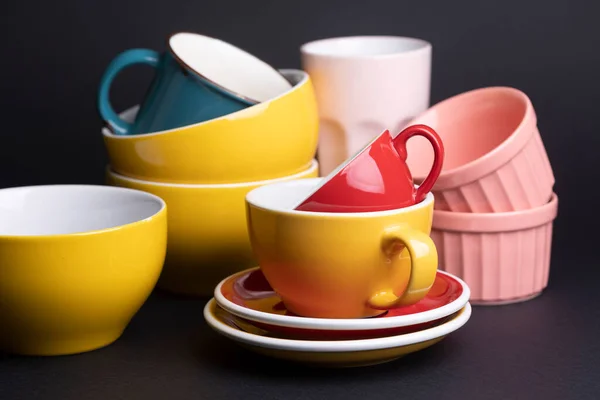 Bright Ceramics Bowl Cups Yellow Blue Red Pink Colors Black — Photo