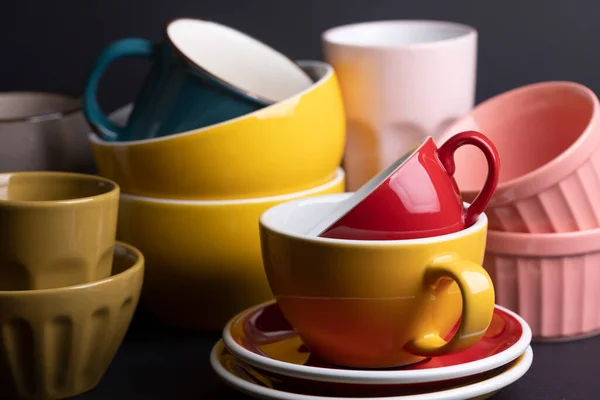 Bright Ceramics Bowl Cups Yellow Blue Red Pink Colors Black — Photo