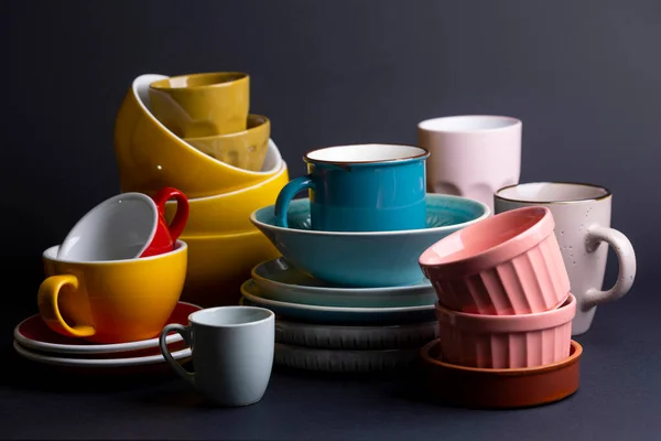 Bright Ceramics Bowl Cups Colorful Colors Black Backgroun — Foto Stock