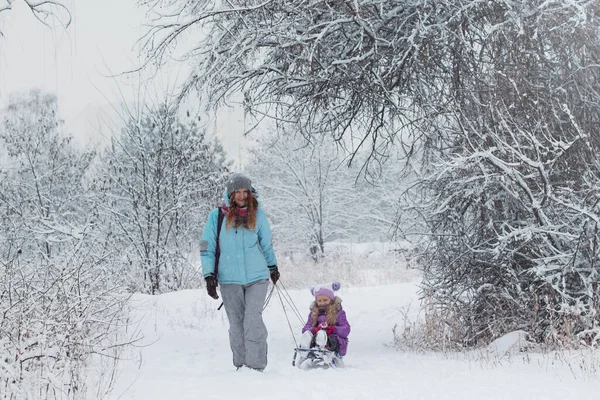 Mother Rides Her Daughter Sled Winter Walk — Foto Stock