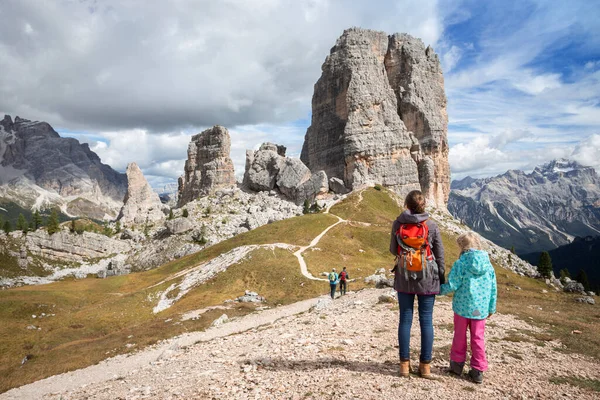 Two Sisters Girls Hikers Mountains Dolomites Cinque Torri Italy — Stock Fotó