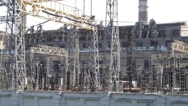 Electricidad Central Eléctrica Cables Humo Chimeneas Tuberías Fondo Abstracto — Vídeo de stock