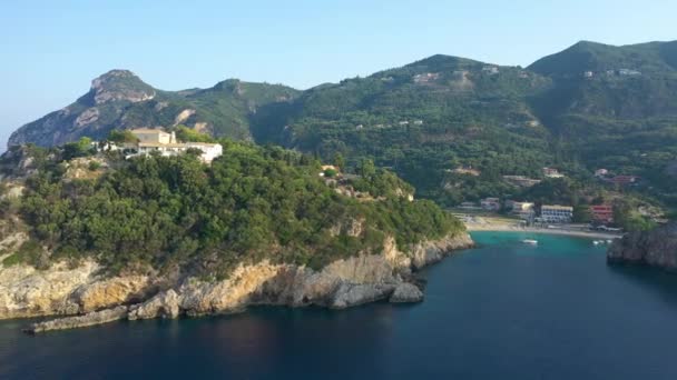 Aerial View Paleokastritsa Coast Paleokastritsa Monastery Top Rocky Cliff Corfu — 비디오