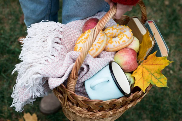 autumn picnic. girl holding a picnic basket with donuts, a cup, apples and books. mood and aesthetic