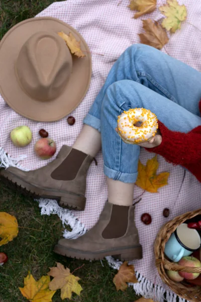 autumn picnic. girl and picnic basket with donuts, a cup, apples and books. mood and aesthetic