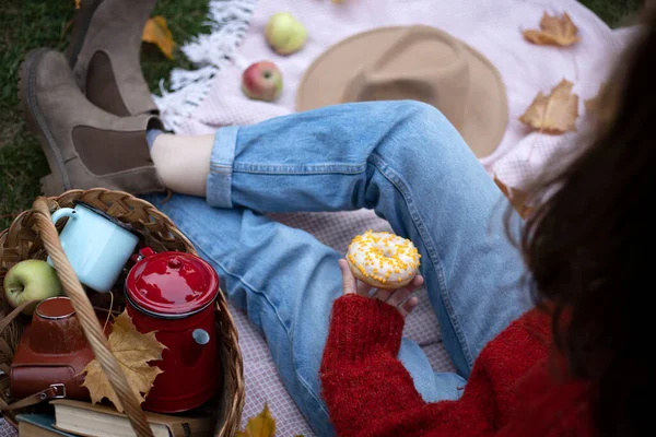 Een Herfstpicknick Meisje Picknickmand Met Donuts Een Kopje Appels Boeken — Stockfoto