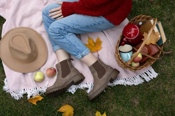 autumn picnic. girl and picnic basket with a cup, apples and books. mood and aesthetic