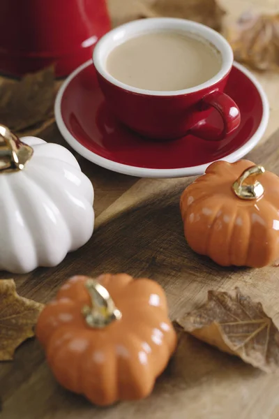 Magnifique Fond Automne Avec Des Citrouilles Une Tasse Café — Photo