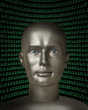 Robot android with human eyes in front of a field of binary code clipart