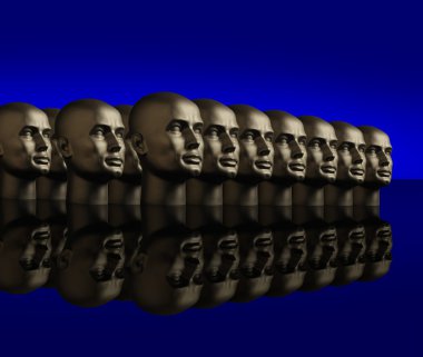 Metallic heads lined up on a reflective black surface clipart