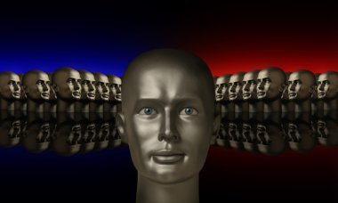 Silver mannaquin head flanked by two groups of heads clipart