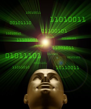 Artifical intelligence as symbolized by green binary code flying clipart