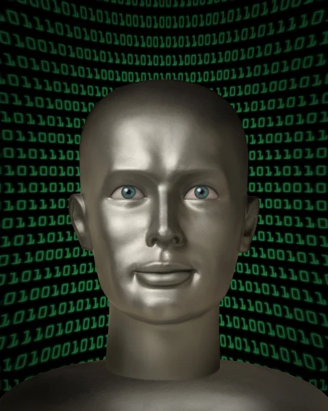 Robot android with human eyes in front of a field of binary code — Stock Photo, Image