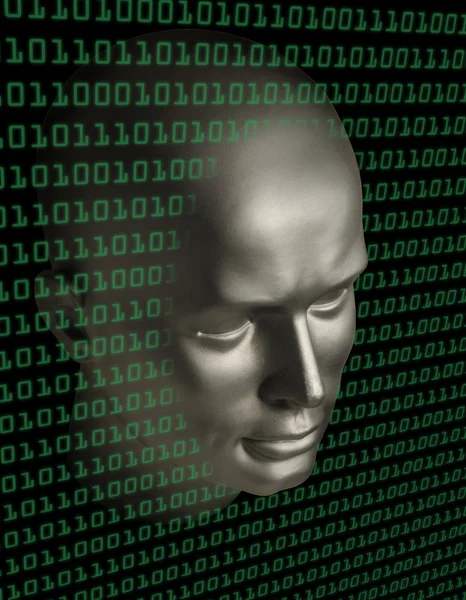 Лицо робота-андроида проникает в стену бинарного кода — стоковое фото