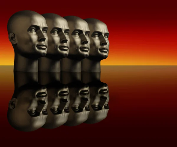 Quatro cabeças de mannaquin de prata em uma superfície reflexiva — Fotografia de Stock