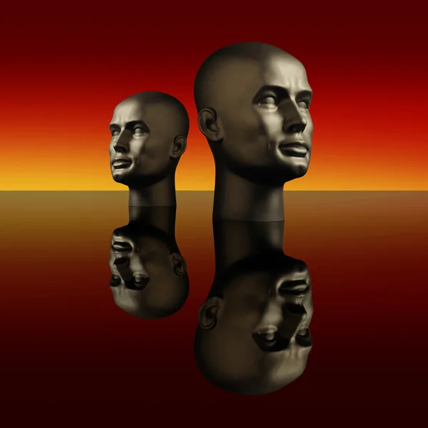 Two mannequin heads on a dark reflective surface — Stock Photo, Image