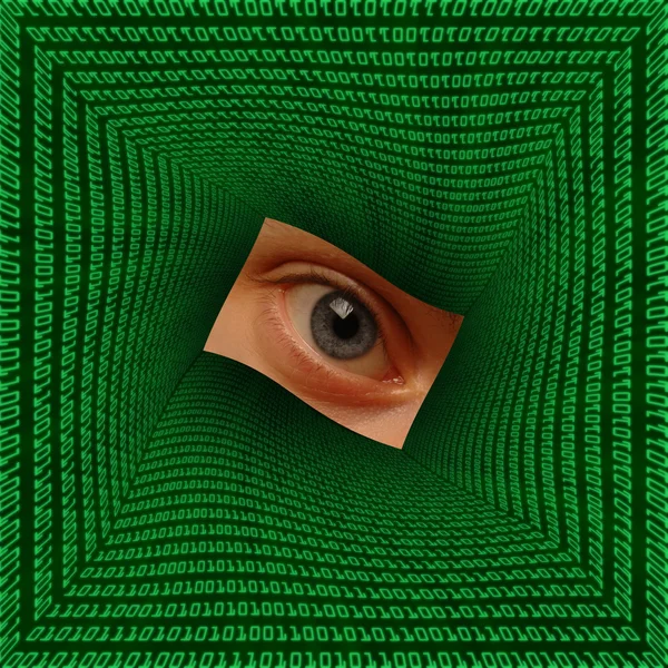 Auge in einem quadratischen Wirbel aus Binärcode — Stockfoto