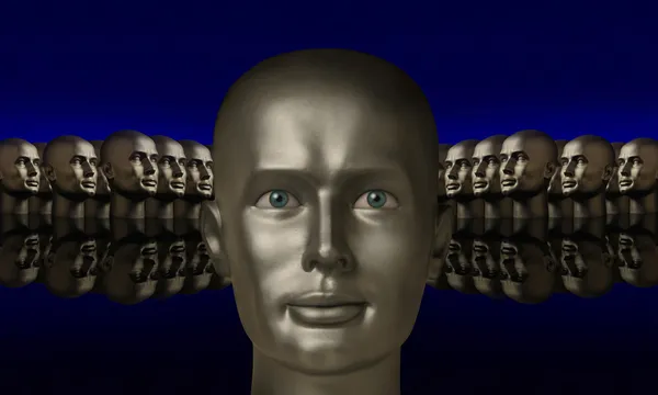 Silberner Mannaquin-Kopf flankiert von zwei Gruppen von Köpfen — Stockfoto