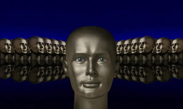 Silver mannequin head flanked by two groups of heads against blu — Stock Photo, Image