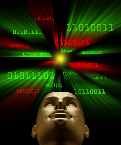 Artifical intelligence as symbolized by binary code flying towar