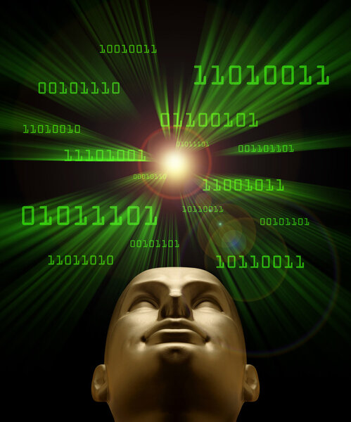 Artifical intelligence as symbolized by green binary code flying