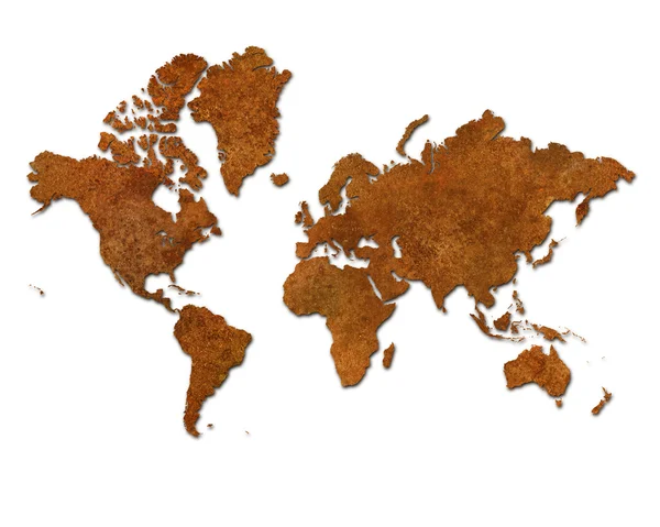 Mapa global com continentes metálicos enferrujados em branco — Fotografia de Stock