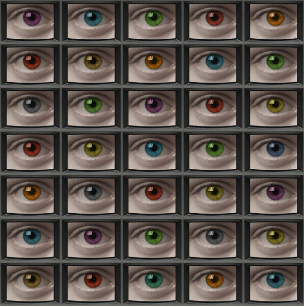 Video monitor screens of eyes with different color pupils