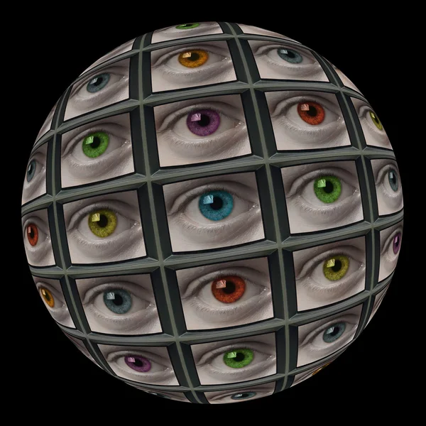 Sphere of video screens showing multi-colored eyes — Stock Photo, Image
