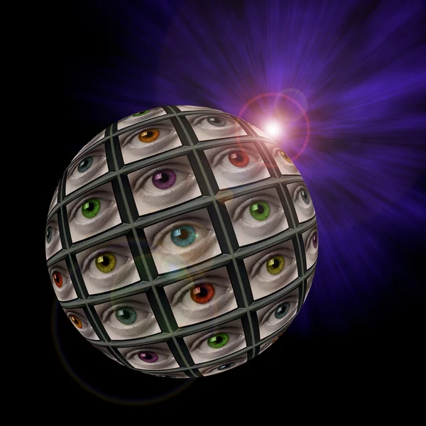 Sphère d'écrans vidéo montrant des yeux multicolores — Photo