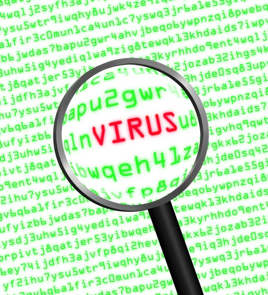 Magnifying glass locating a virus in computer code — Stock Photo, Image
