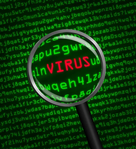 Loupe de verre localisant un virus dans le code informatique — Photo