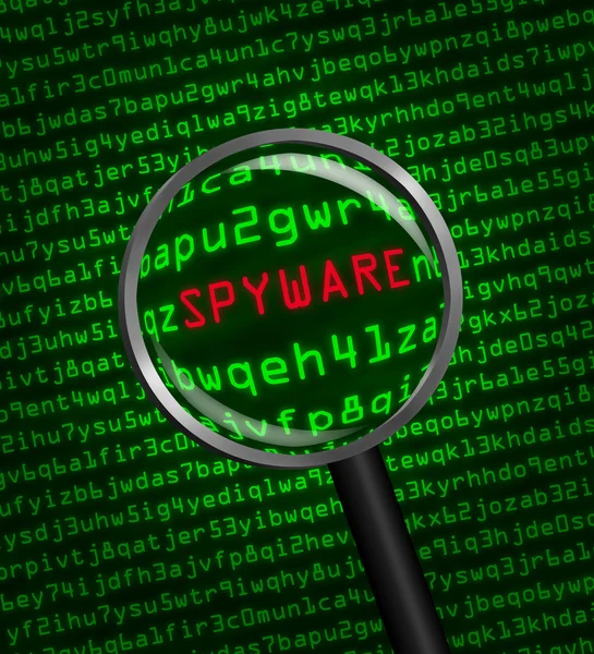 Vergrootglas lokaliseren van spyware in de computercode — Stockfoto