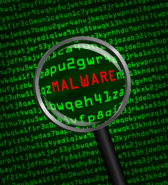 Magnifying glass locating malware in computer code — Stock Photo, Image