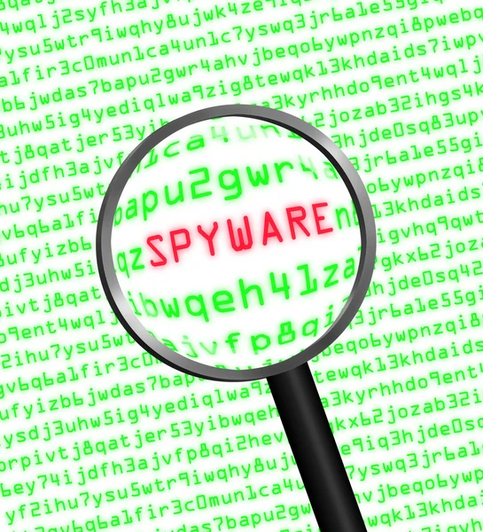 Lente d'ingrandimento che individua lo spyware nel codice del computer — Foto Stock