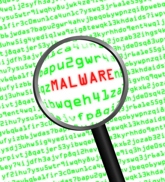 Lente d'ingrandimento che individua malware nel codice del computer — Foto Stock